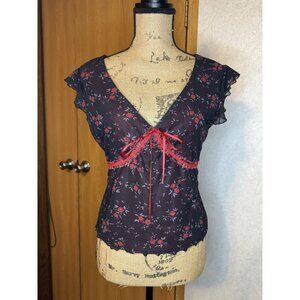 Womens Y2K Floral Mesh Babydoll Top Lettuce Fairy Grunge Dark Coquette Bow L